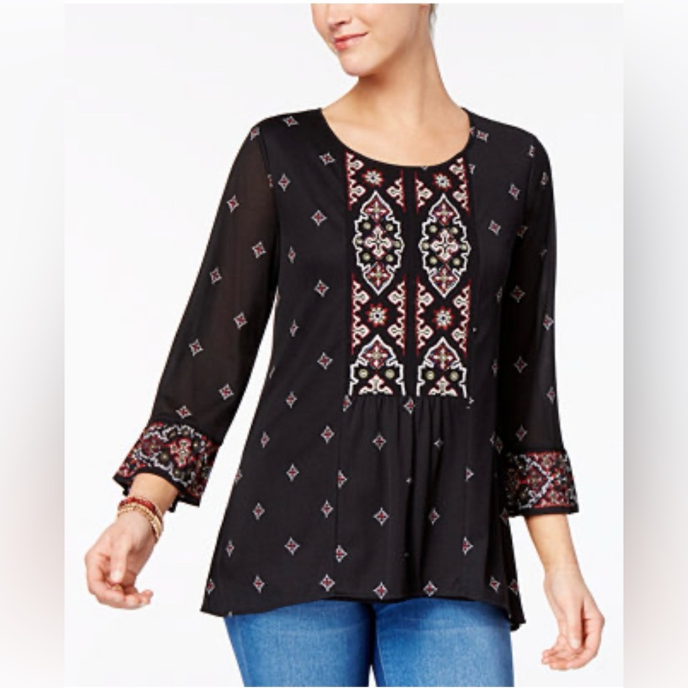 Style And Co Blouse Top Embroidered Beaded Women Sz XL Whimsygoth Black Multi